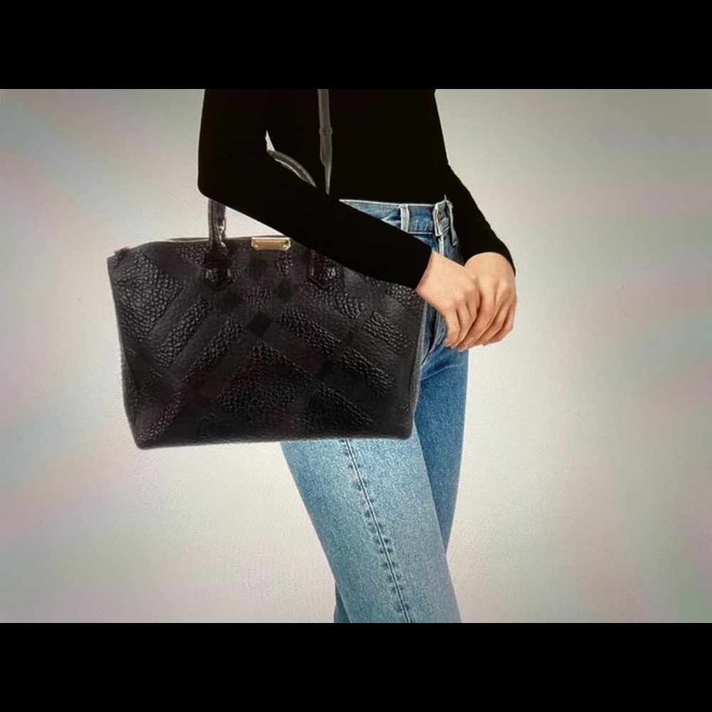 Check-embossed 2way Tote Black Leather Satchel - Picture 2 of 15